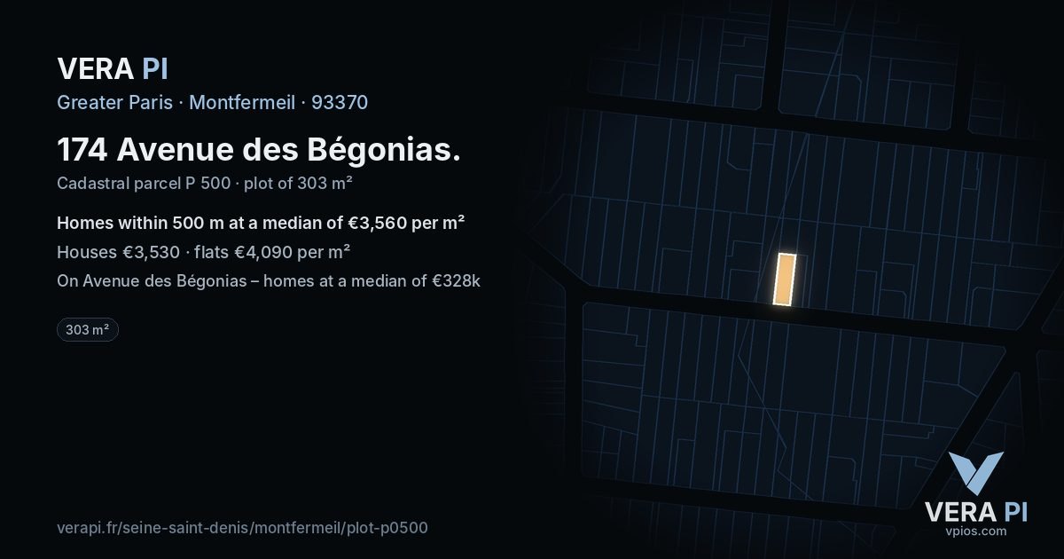 174 Avenue des Bégonias, Montfermeil at night – the plot lit, the parcels around coloured by the prices near them