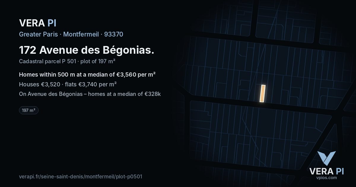 172 Avenue des Bégonias, Montfermeil at night – the plot lit, the parcels around coloured by the prices near them