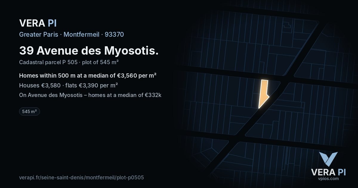 39 Avenue des Myosotis, Montfermeil at night – the plot lit, the parcels around coloured by the prices near them