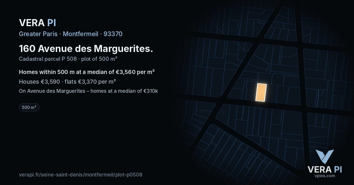160 Avenue des Marguerites, Montfermeil at night – the plot lit, the parcels around coloured by the prices near them