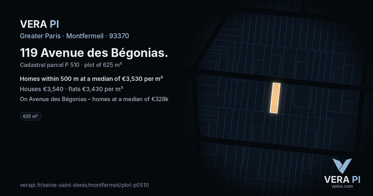 119 Avenue des Bégonias, Montfermeil at night – the plot lit, the parcels around coloured by the prices near them