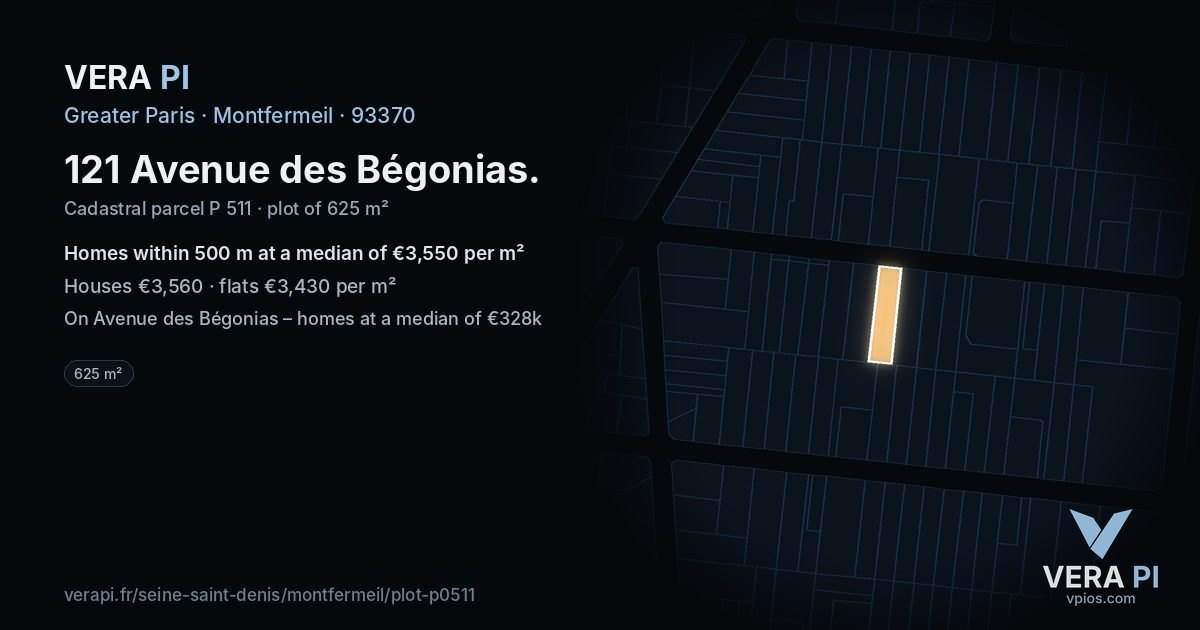 121 Avenue des Bégonias, Montfermeil at night – the plot lit, the parcels around coloured by the prices near them