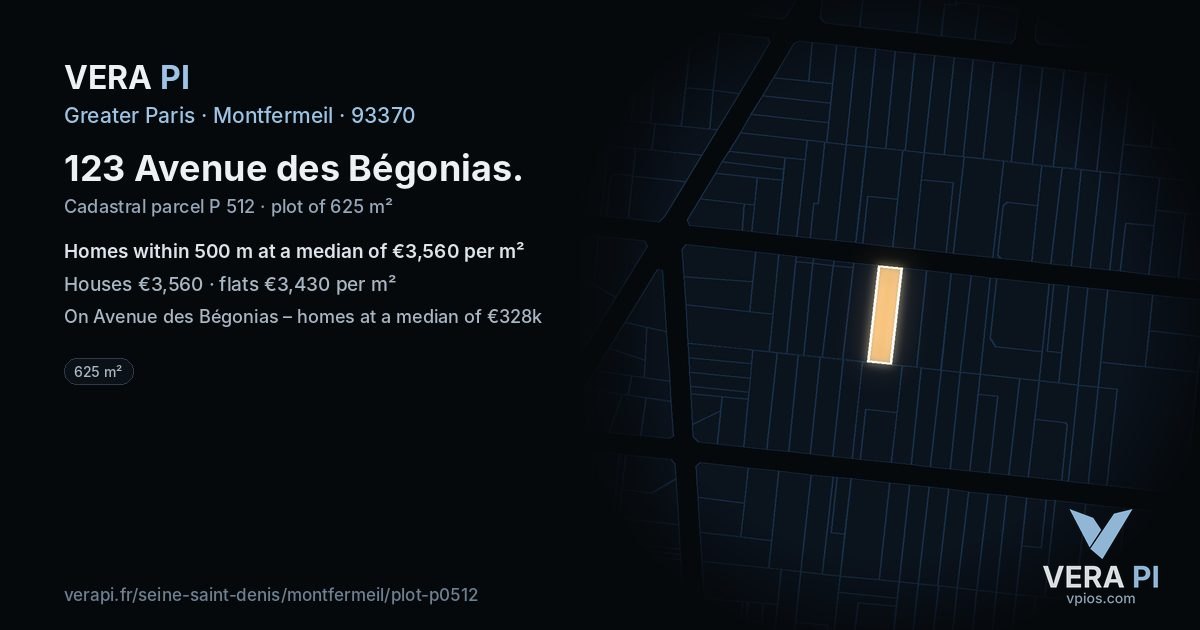 123 Avenue des Bégonias, Montfermeil at night – the plot lit, the parcels around coloured by the prices near them