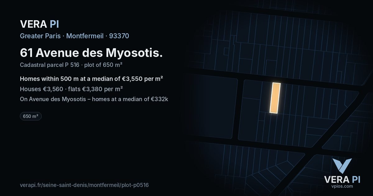 61 Avenue des Myosotis, Montfermeil at night – the plot lit, the parcels around coloured by the prices near them