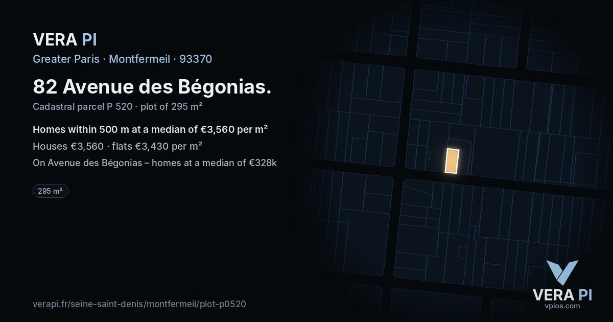 82 Avenue des Bégonias, Montfermeil at night – the plot lit, the parcels around coloured by the prices near them