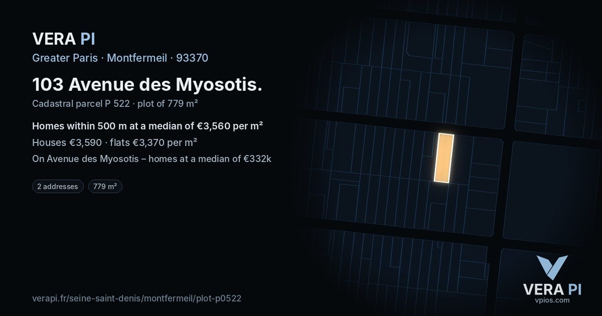 103 Avenue des Myosotis, Montfermeil at night – the plot lit, the parcels around coloured by the prices near them