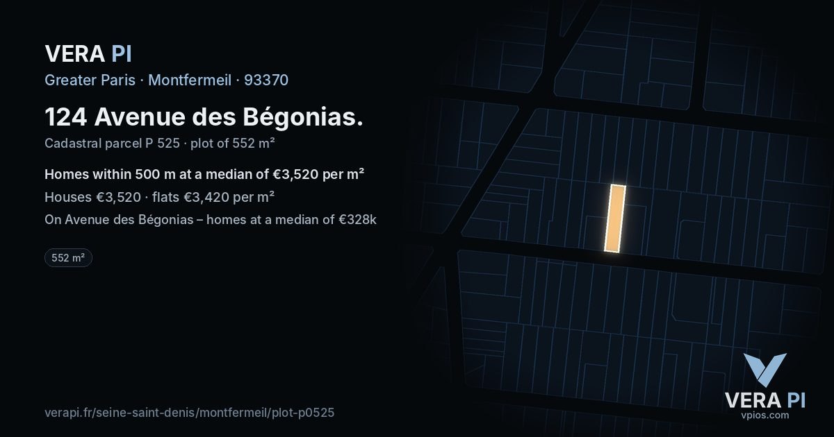 124 Avenue des Bégonias, Montfermeil at night – the plot lit, the parcels around coloured by the prices near them