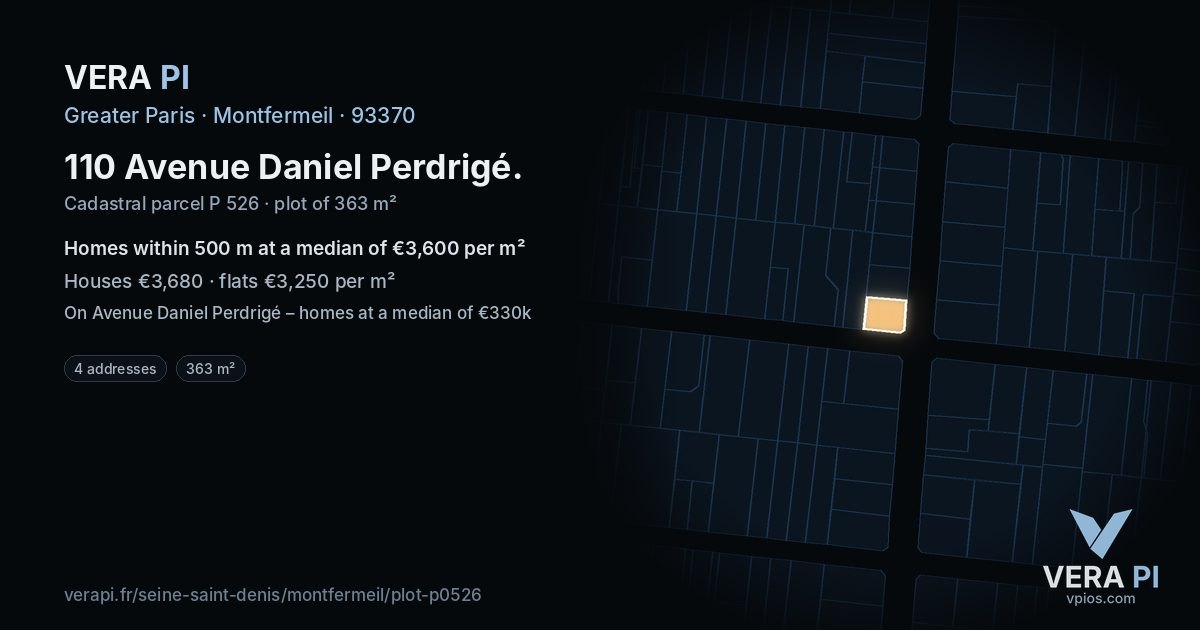 110 Avenue Daniel Perdrigé, Montfermeil at night – the plot lit, the parcels around coloured by the prices near them