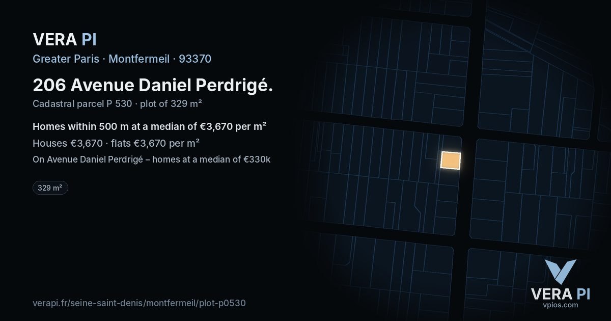 206 Avenue Daniel Perdrigé, Montfermeil at night – the plot lit, the parcels around coloured by the prices near them