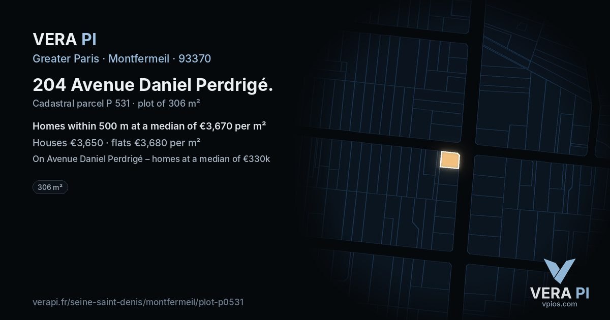 204 Avenue Daniel Perdrigé, Montfermeil at night – the plot lit, the parcels around coloured by the prices near them