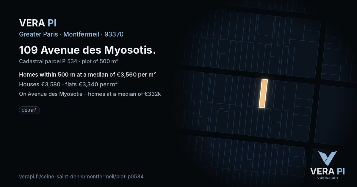 109 Avenue des Myosotis, Montfermeil at night – the plot lit, the parcels around coloured by the prices near them