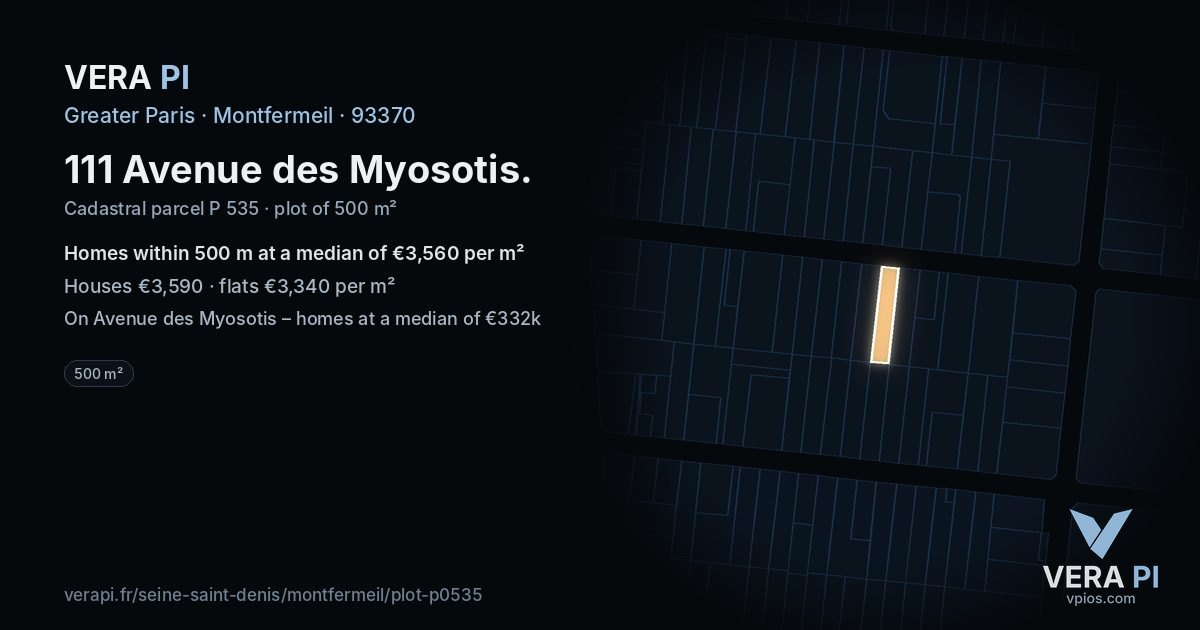 111 Avenue des Myosotis, Montfermeil at night – the plot lit, the parcels around coloured by the prices near them
