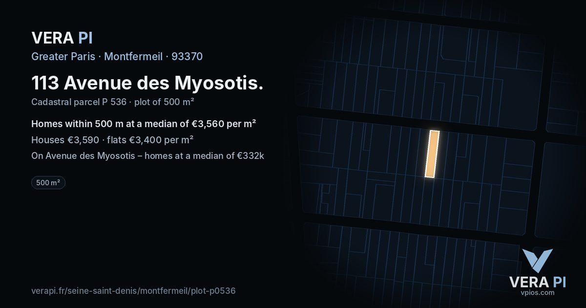 113 Avenue des Myosotis, Montfermeil at night – the plot lit, the parcels around coloured by the prices near them