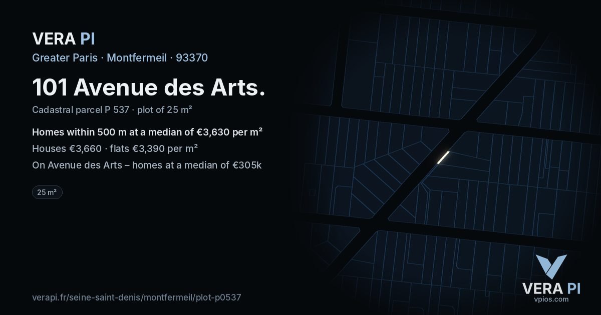 101 Avenue des Arts, Montfermeil at night – the plot lit, the parcels around coloured by the prices near them