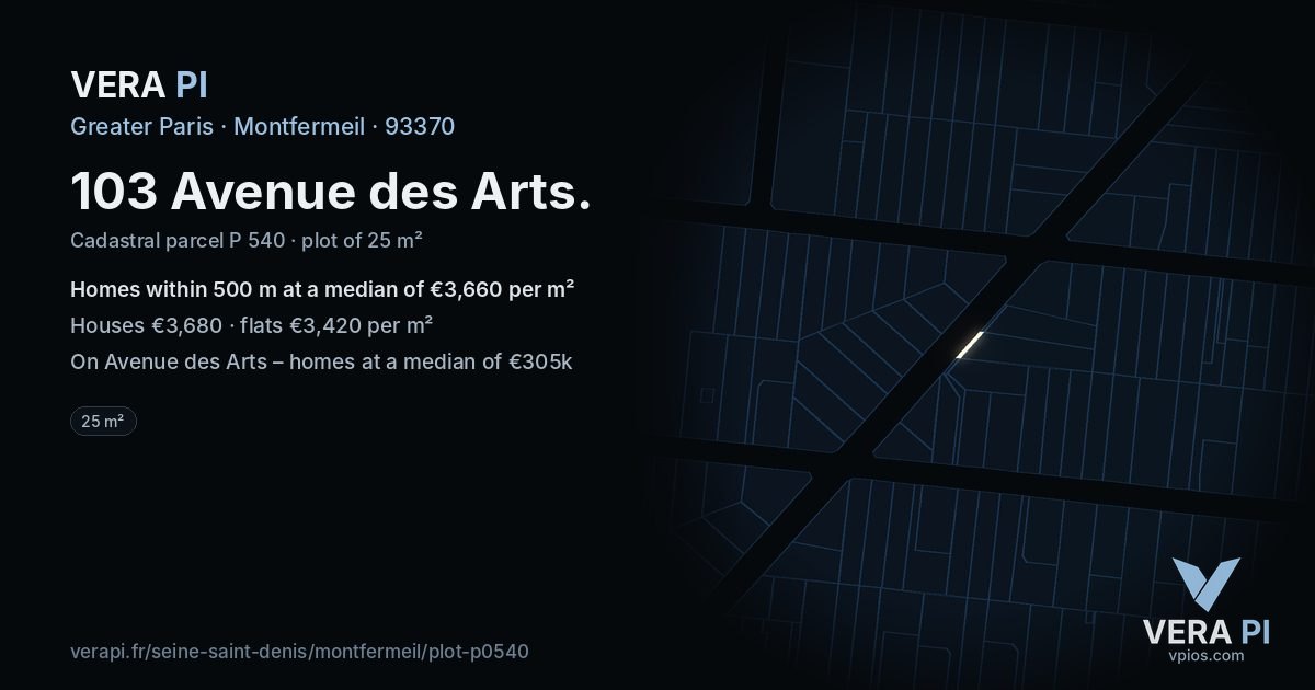 103 Avenue des Arts, Montfermeil at night – the plot lit, the parcels around coloured by the prices near them