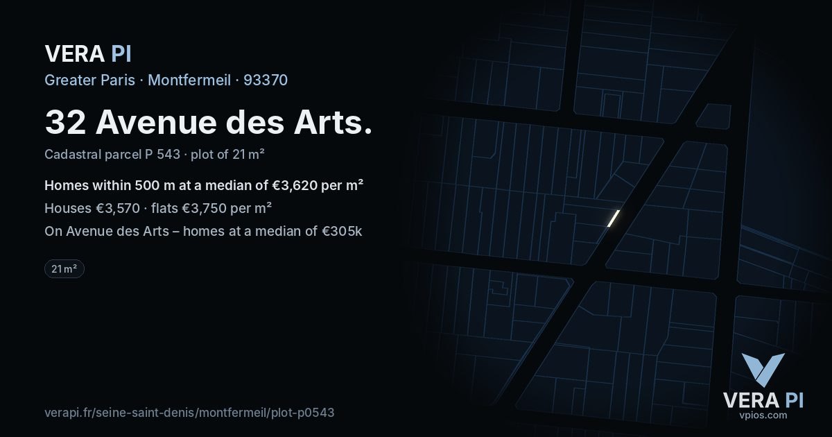 32 Avenue des Arts, Montfermeil at night – the plot lit, the parcels around coloured by the prices near them