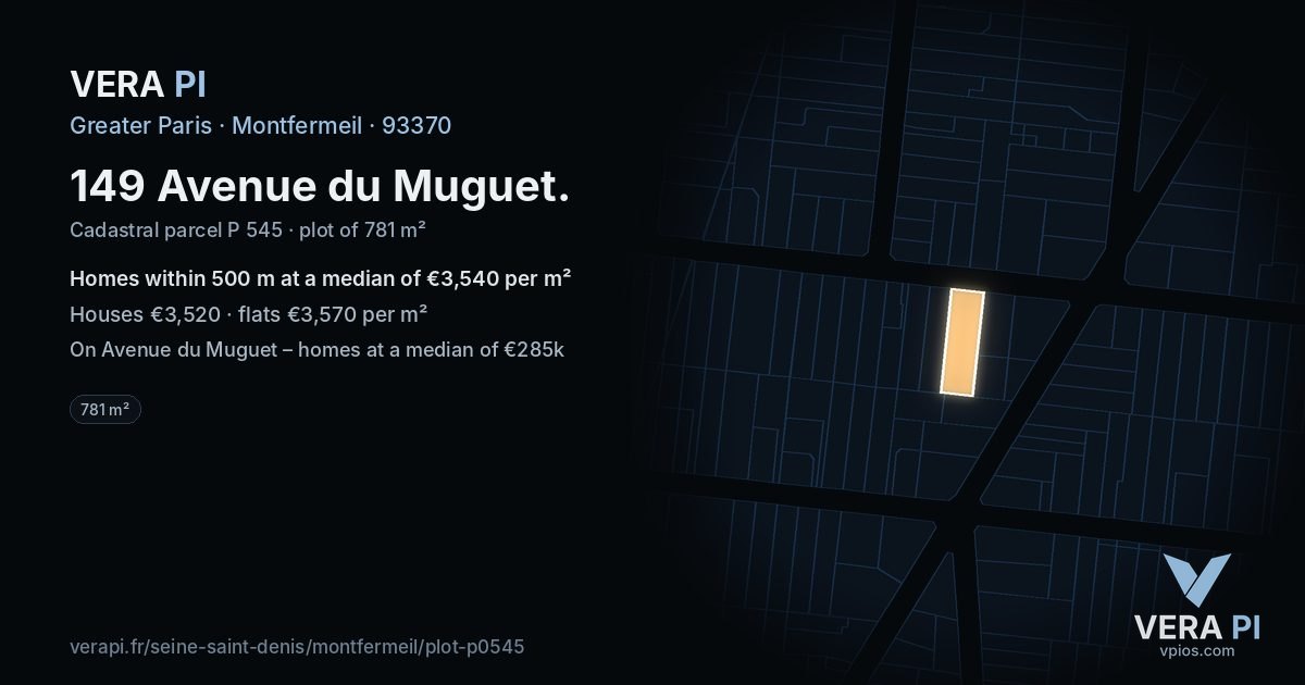 149 Avenue du Muguet, Montfermeil at night – the plot lit, the parcels around coloured by the prices near them
