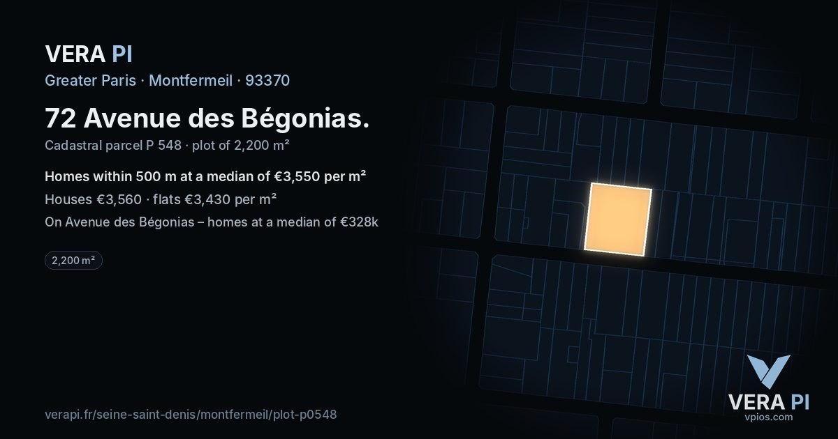 72 Avenue des Bégonias, Montfermeil at night – the plot lit, the parcels around coloured by the prices near them