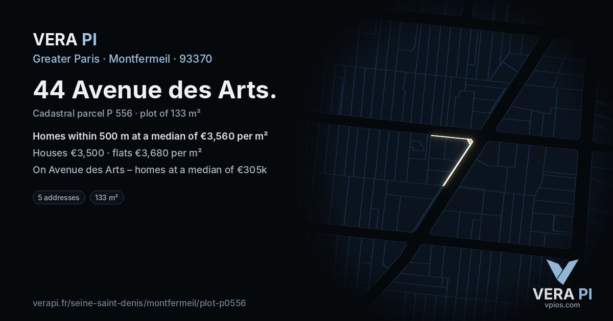 44 Avenue des Arts, Montfermeil at night – the plot lit, the parcels around coloured by the prices near them