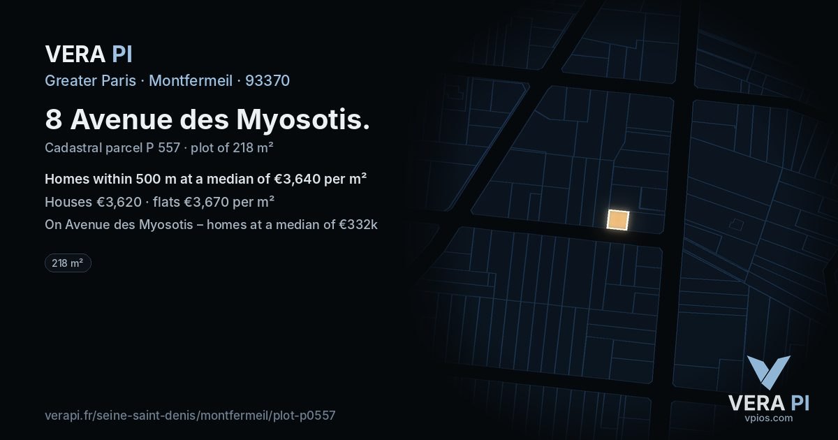 8 Avenue des Myosotis, Montfermeil at night – the plot lit, the parcels around coloured by the prices near them