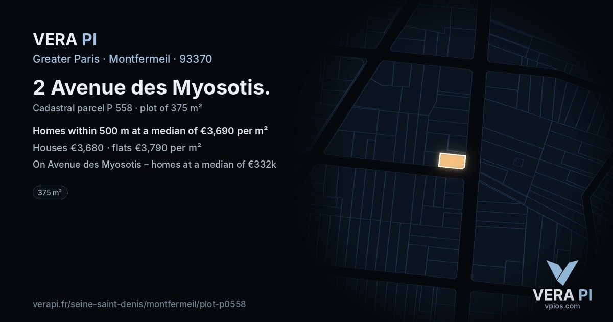 2 Avenue des Myosotis, Montfermeil at night – the plot lit, the parcels around coloured by the prices near them