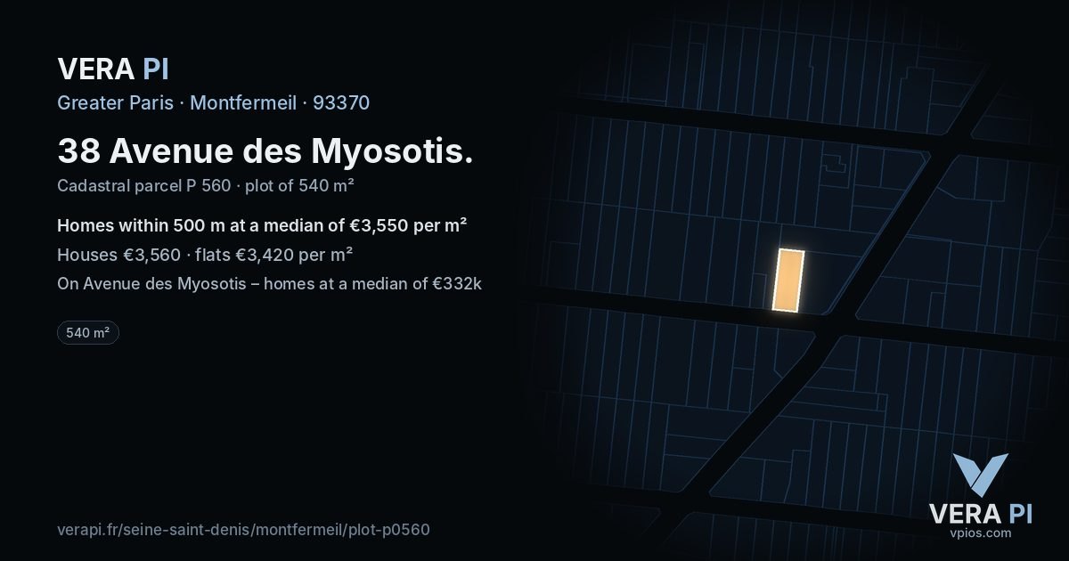 38 Avenue des Myosotis, Montfermeil at night – the plot lit, the parcels around coloured by the prices near them