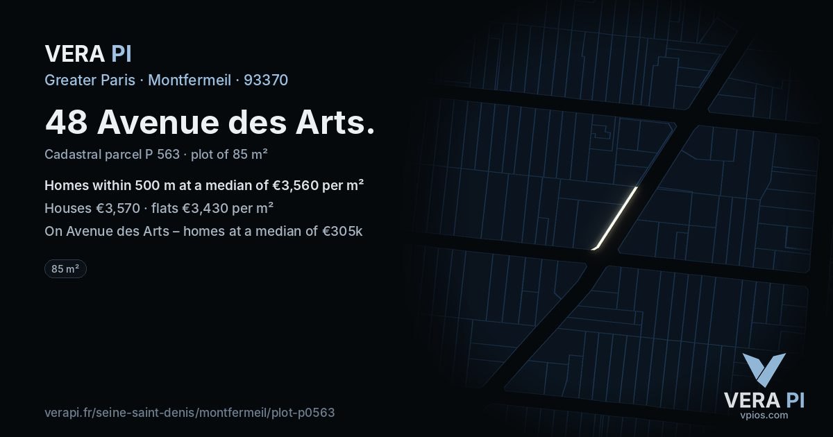 48 Avenue des Arts, Montfermeil at night – the plot lit, the parcels around coloured by the prices near them