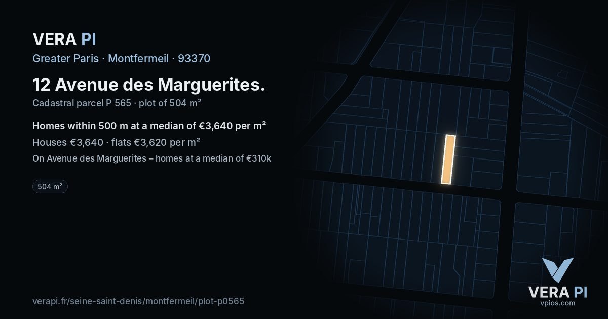 12 Avenue des Marguerites, Montfermeil at night – the plot lit, the parcels around coloured by the prices near them