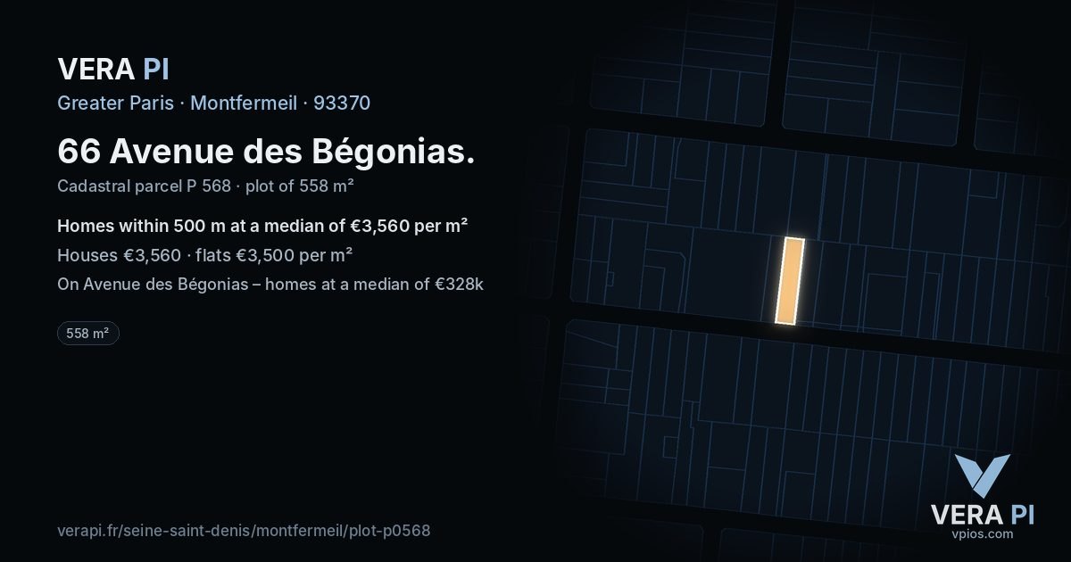 66 Avenue des Bégonias, Montfermeil at night – the plot lit, the parcels around coloured by the prices near them