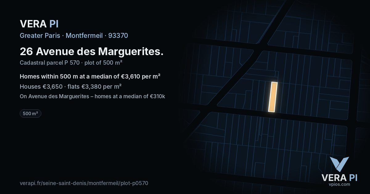 26 Avenue des Marguerites, Montfermeil at night – the plot lit, the parcels around coloured by the prices near them