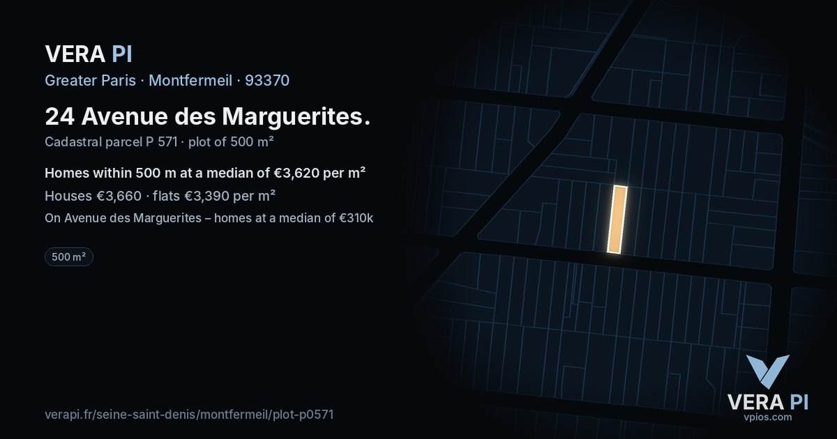 24 Avenue des Marguerites, Montfermeil at night – the plot lit, the parcels around coloured by the prices near them