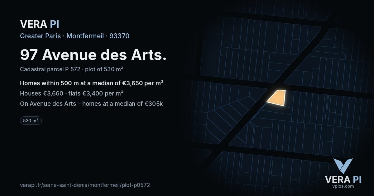 97 Avenue des Arts, Montfermeil at night – the plot lit, the parcels around coloured by the prices near them