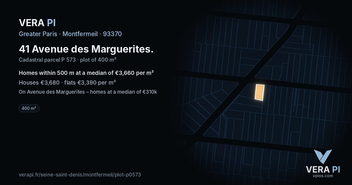 41 Avenue des Marguerites, Montfermeil at night – the plot lit, the parcels around coloured by the prices near them
