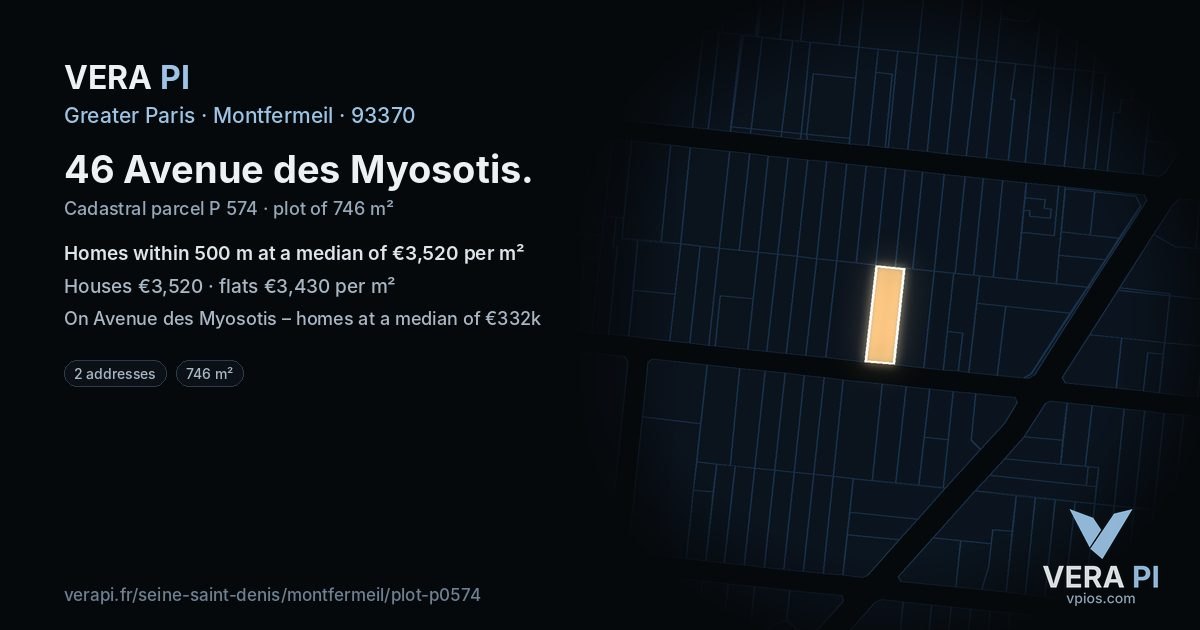 46 Avenue des Myosotis, Montfermeil at night – the plot lit, the parcels around coloured by the prices near them