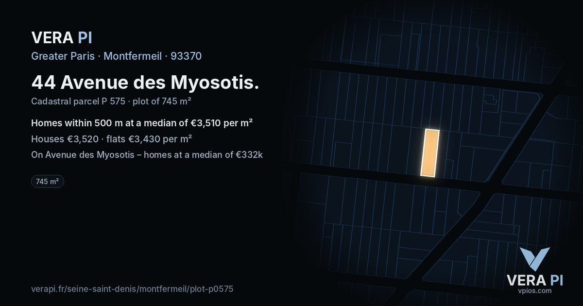 44 Avenue des Myosotis, Montfermeil at night – the plot lit, the parcels around coloured by the prices near them