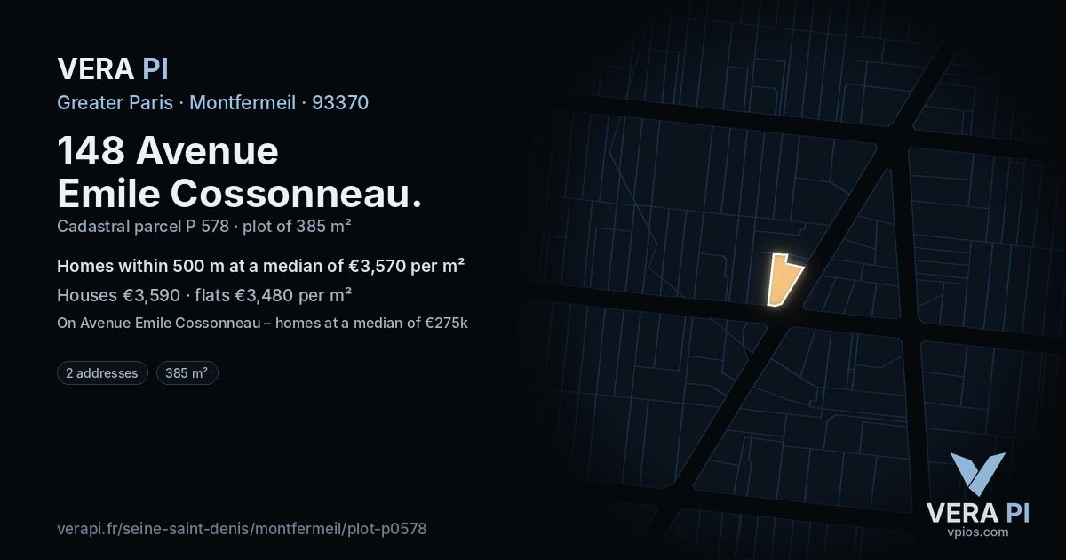 148 Avenue Emile Cossonneau, Montfermeil at night – the plot lit, the parcels around coloured by the prices near them
