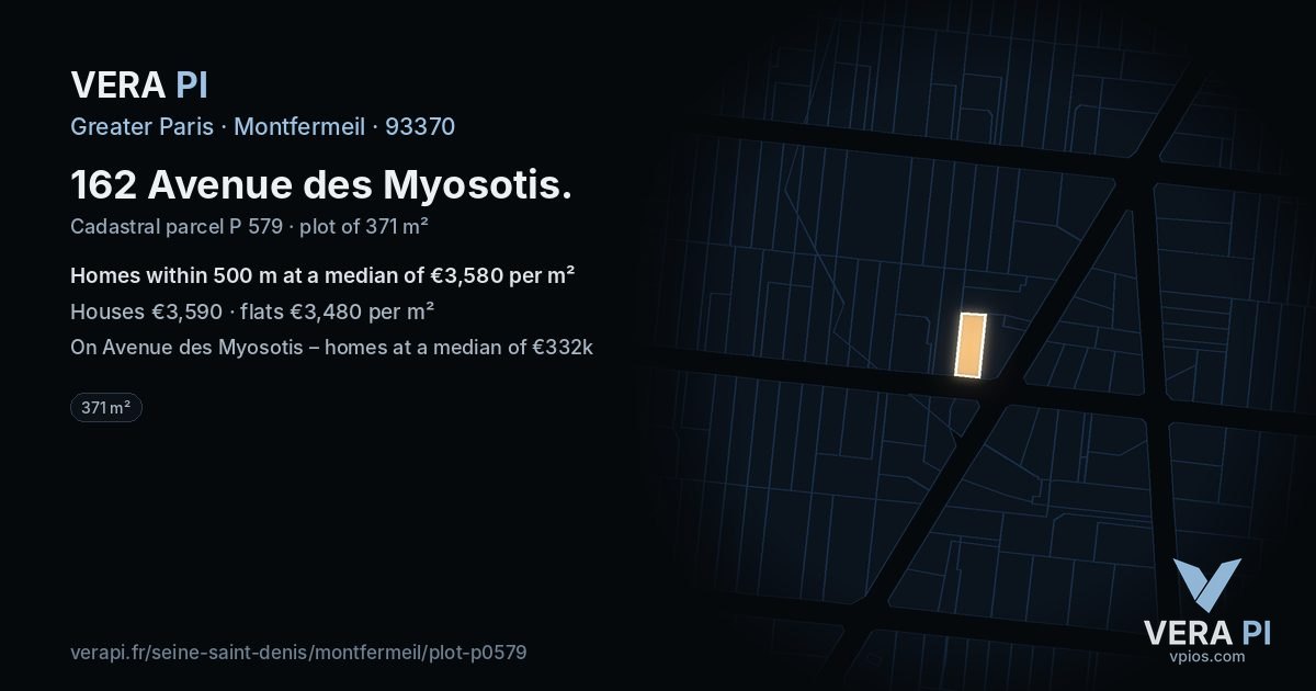 162 Avenue des Myosotis, Montfermeil at night – the plot lit, the parcels around coloured by the prices near them