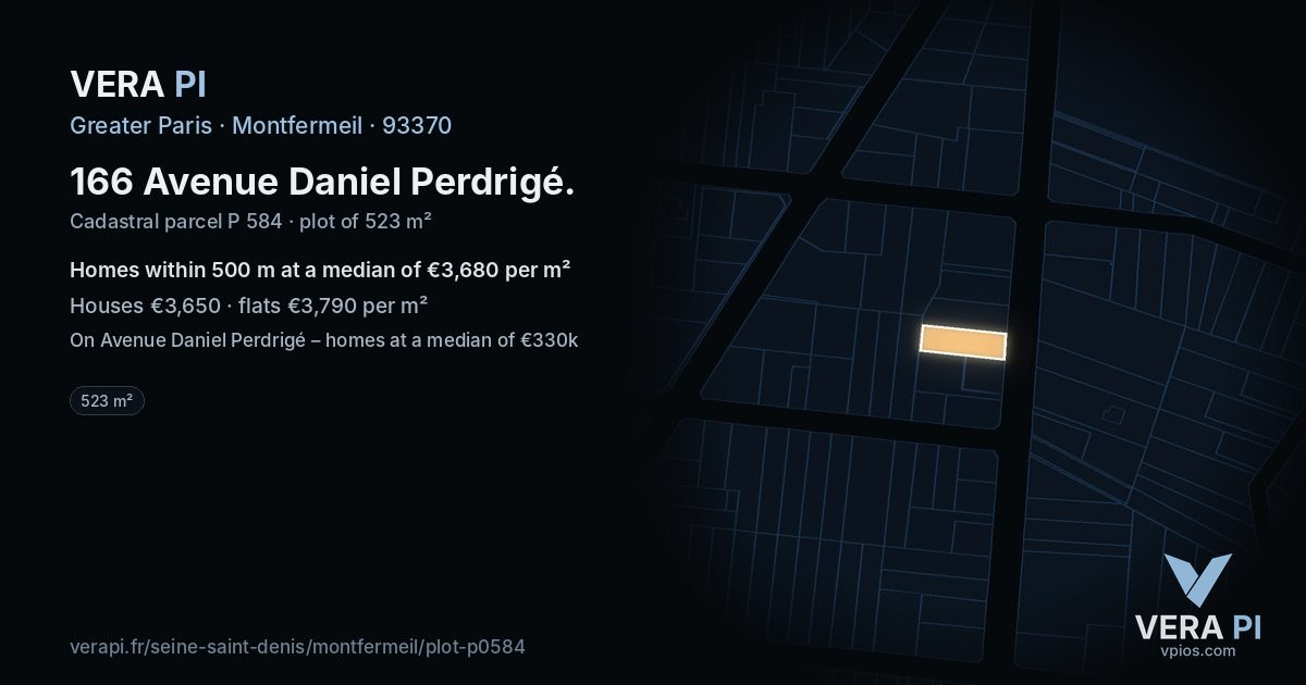 166 Avenue Daniel Perdrigé, Montfermeil at night – the plot lit, the parcels around coloured by the prices near them