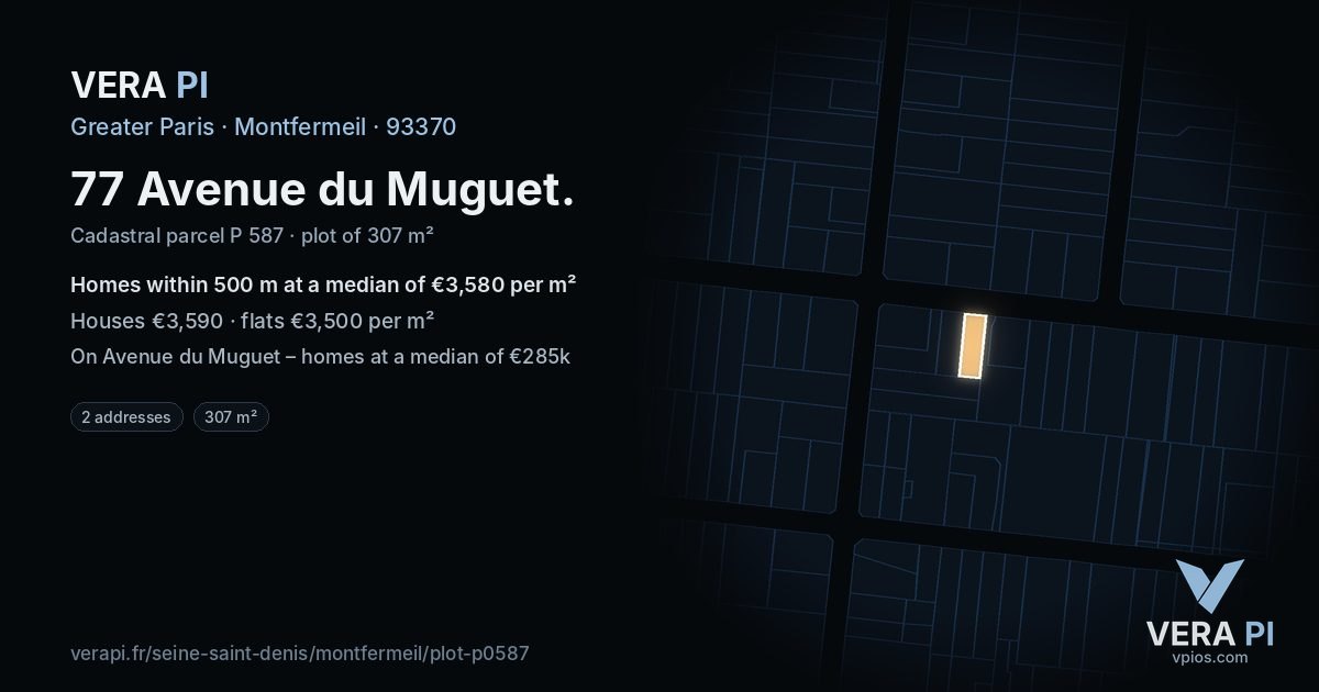 77 Avenue du Muguet, Montfermeil at night – the plot lit, the parcels around coloured by the prices near them