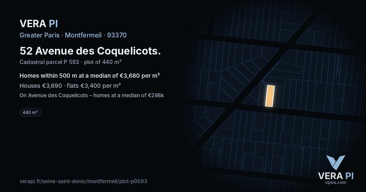 52 Avenue des Coquelicots, Montfermeil at night – the plot lit, the parcels around coloured by the prices near them