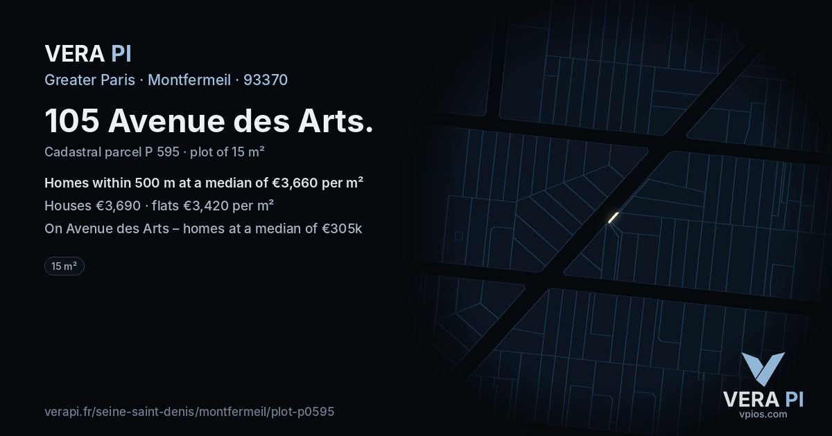 105 Avenue des Arts, Montfermeil at night – the plot lit, the parcels around coloured by the prices near them