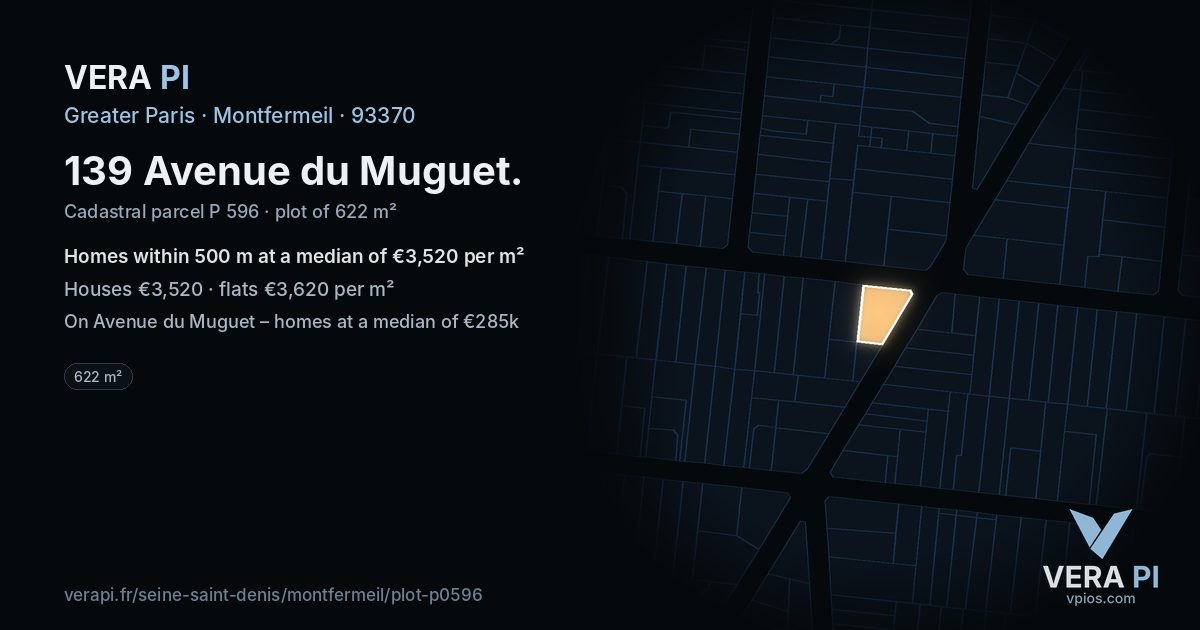 139 Avenue du Muguet, Montfermeil at night – the plot lit, the parcels around coloured by the prices near them