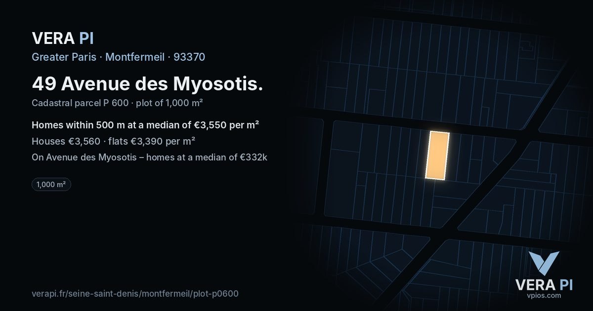 49 Avenue des Myosotis, Montfermeil at night – the plot lit, the parcels around coloured by the prices near them
