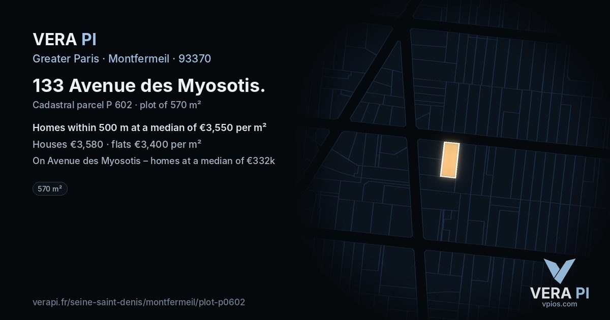 133 Avenue des Myosotis, Montfermeil at night – the plot lit, the parcels around coloured by the prices near them
