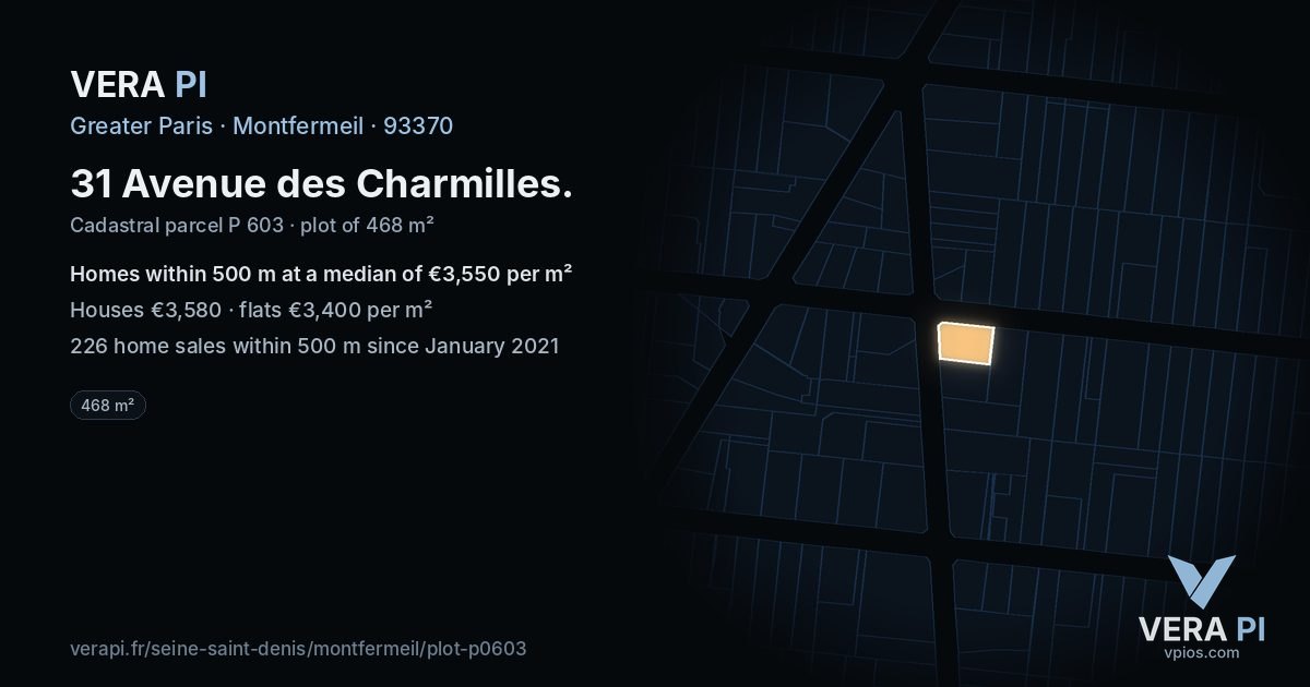 31 Avenue des Charmilles, Montfermeil at night – the plot lit, the parcels around coloured by the prices near them