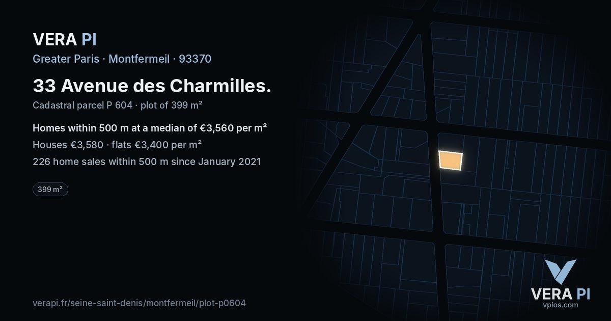 33 Avenue des Charmilles, Montfermeil at night – the plot lit, the parcels around coloured by the prices near them