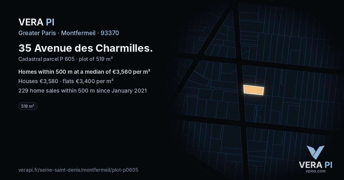 35 Avenue des Charmilles, Montfermeil at night – the plot lit, the parcels around coloured by the prices near them