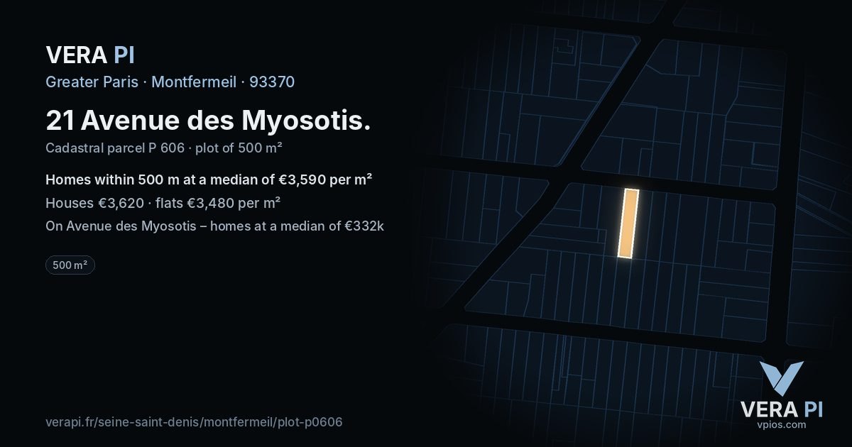 21 Avenue des Myosotis, Montfermeil at night – the plot lit, the parcels around coloured by the prices near them
