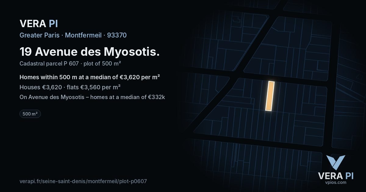 19 Avenue des Myosotis, Montfermeil at night – the plot lit, the parcels around coloured by the prices near them