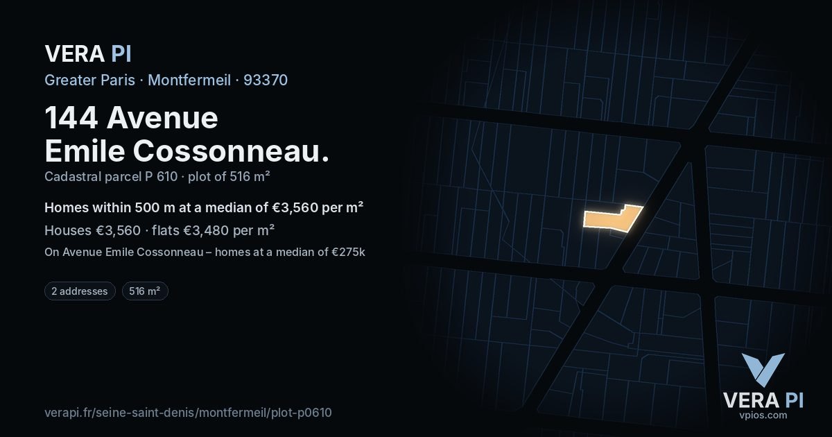144 Avenue Emile Cossonneau, Montfermeil at night – the plot lit, the parcels around coloured by the prices near them